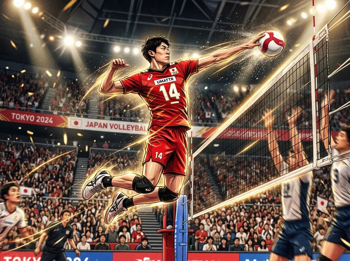 Japanese Men's Volleyball team spike action UMATTR gold artwork.