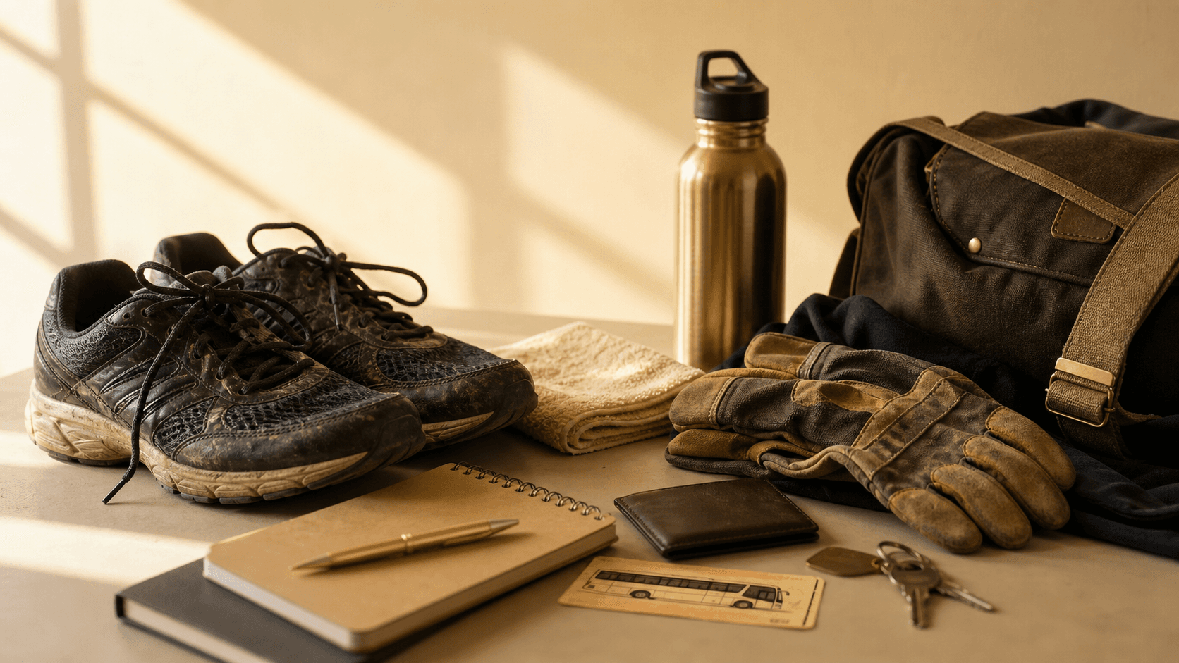 Symbolic mock still life of training shoes, work gloves, keys, and a notebook representing family sacrifice.