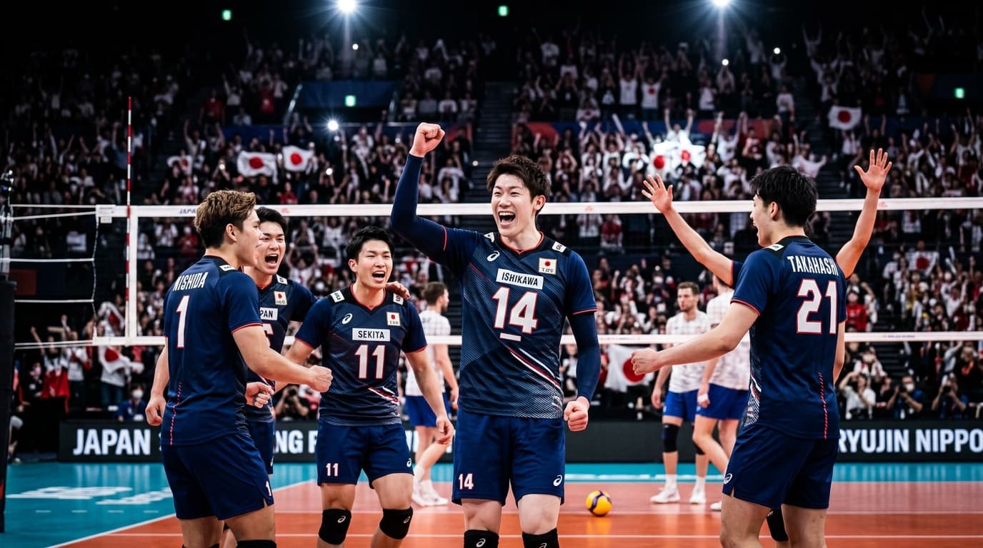 Japanese Men's Volleyball team celebration portrait.