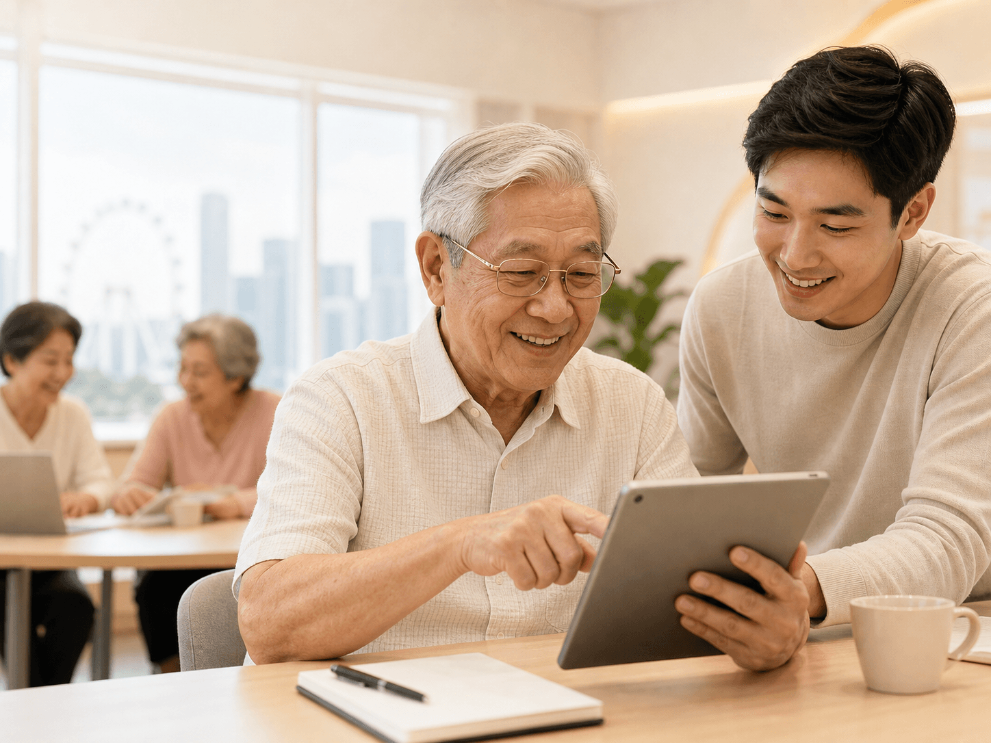 Senior learner and family member using a tablet in Singapore