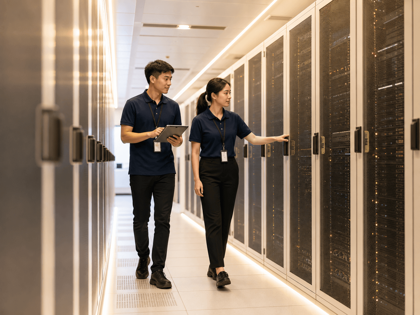 Data center technicians reviewing server infrastructure