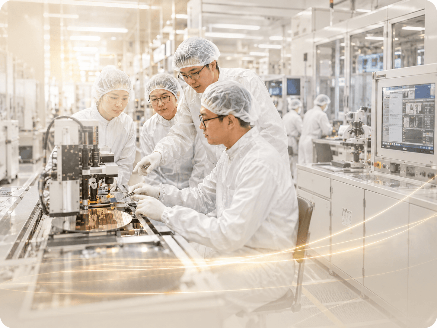 Semiconductor learners in a cleanroom reviewing equipment