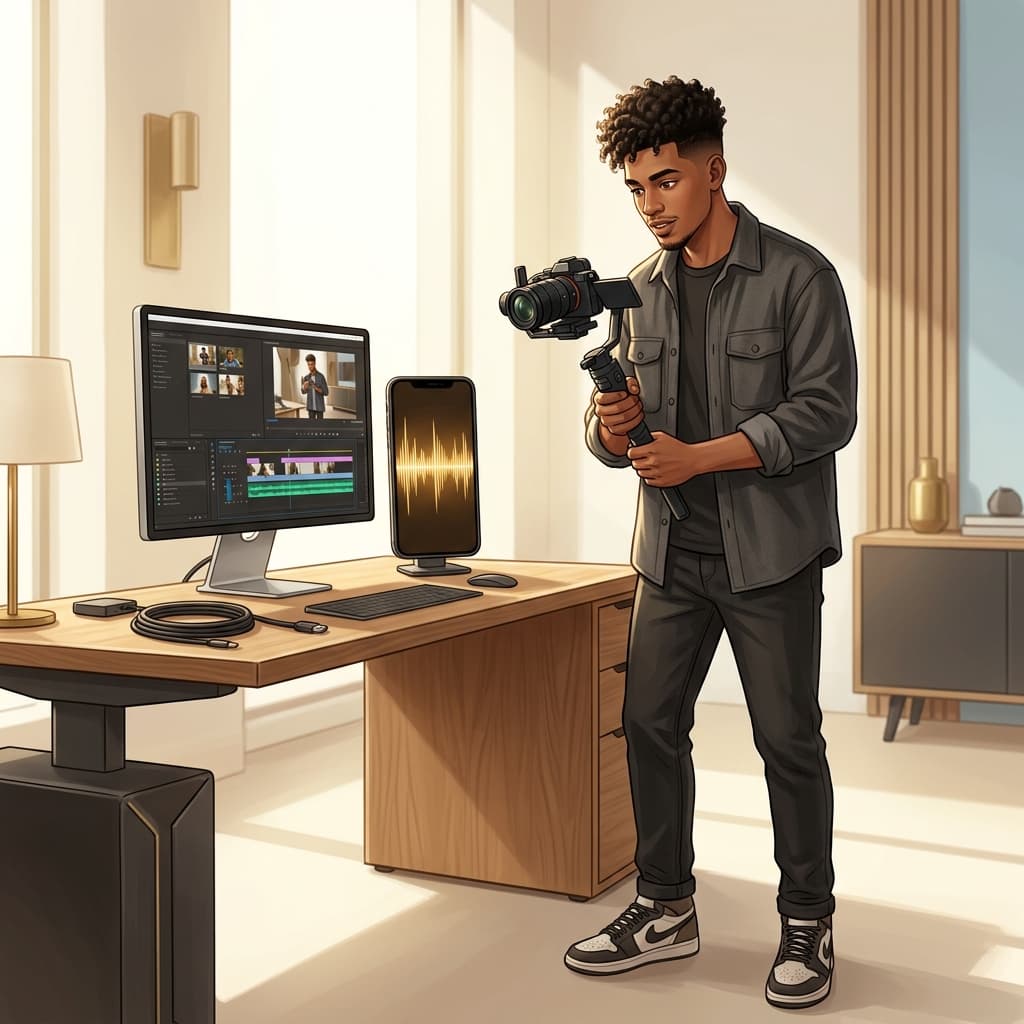 Empowered video creator standing beside editing workstation with vertical mobile clips