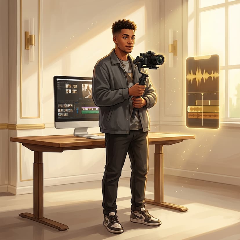 Afro-Latino content creator with camera rig editing vertical video timeline in sunlit studio