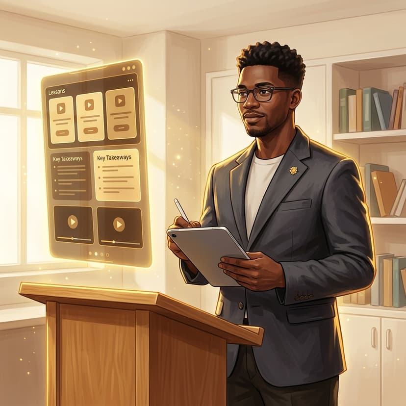 Black male professor with digital tablet teaching structured video lesson modules on glowing display