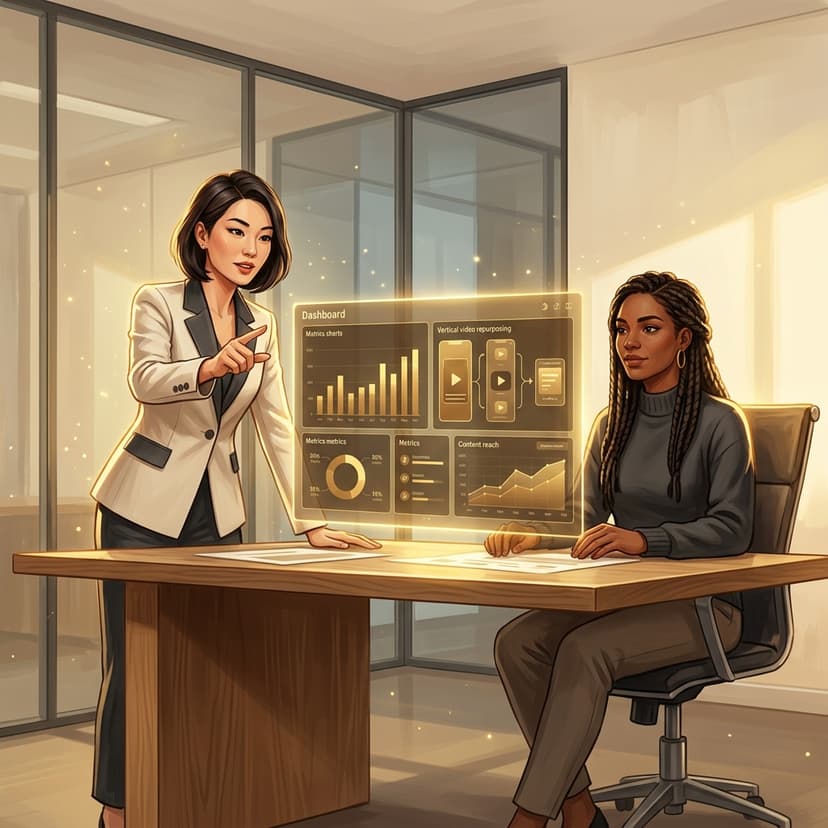 East Asian CEO and Indigenous tech co-founder reviewing vertical video analytics dashboard in executive room