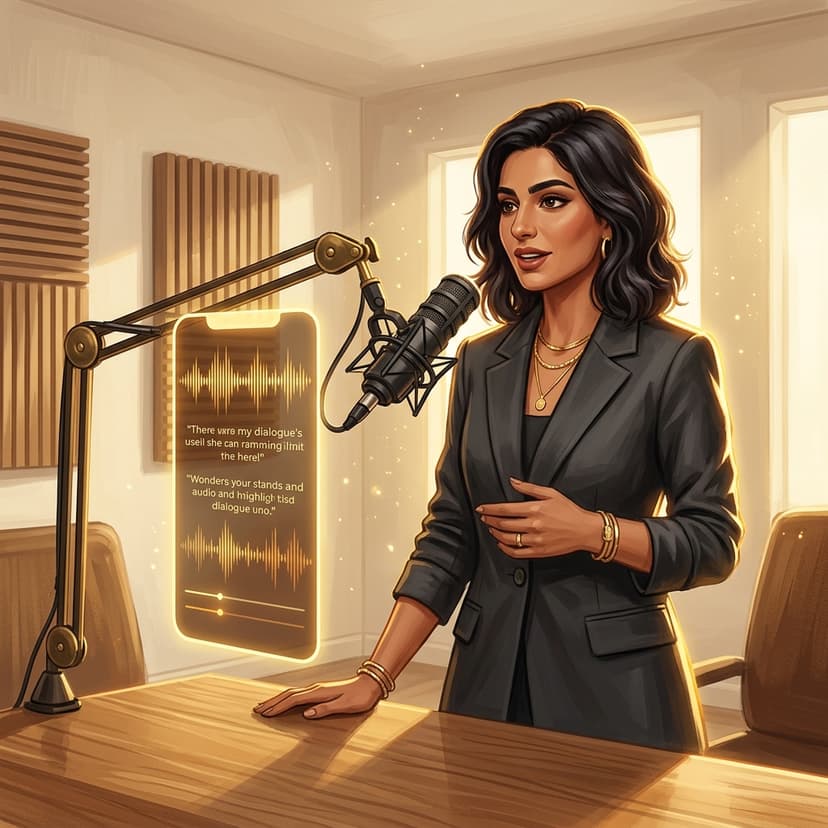 Middle Eastern female podcast host at studio microphone with floating golden audio waveform display