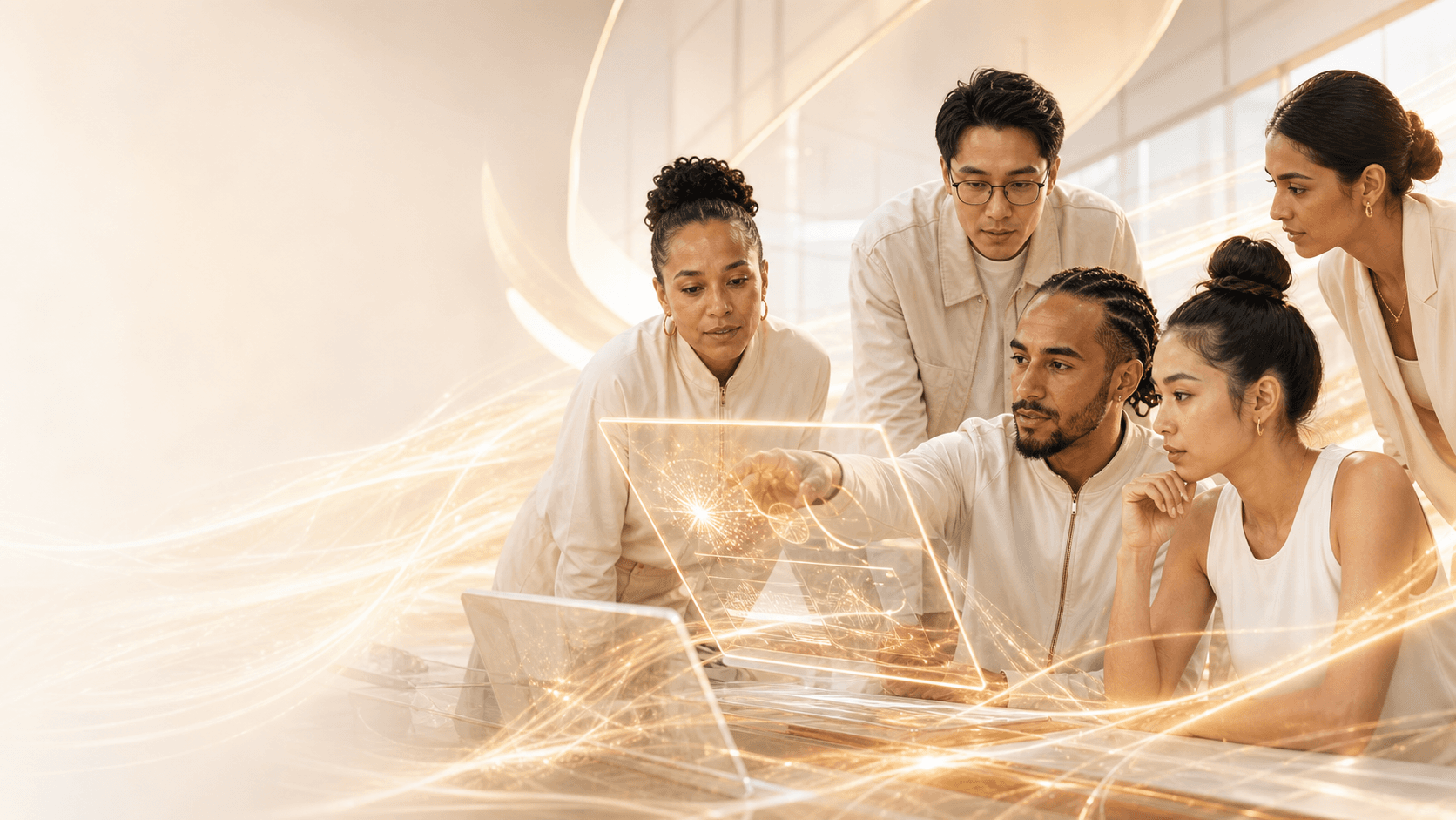 A bright premium AI workspace with gold light and people collaborating around a laptop